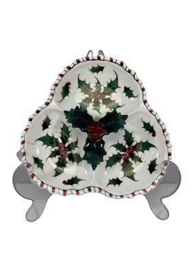 Lefton Japan Vintage Holly Three-Section Hand Decorated Nut or Candy Dish